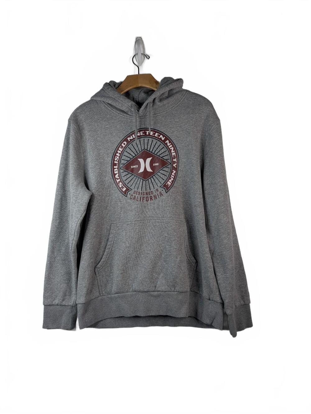 Hurley Men's Gray Fleece Pullover Hoodie-Maroon and White California Design- M